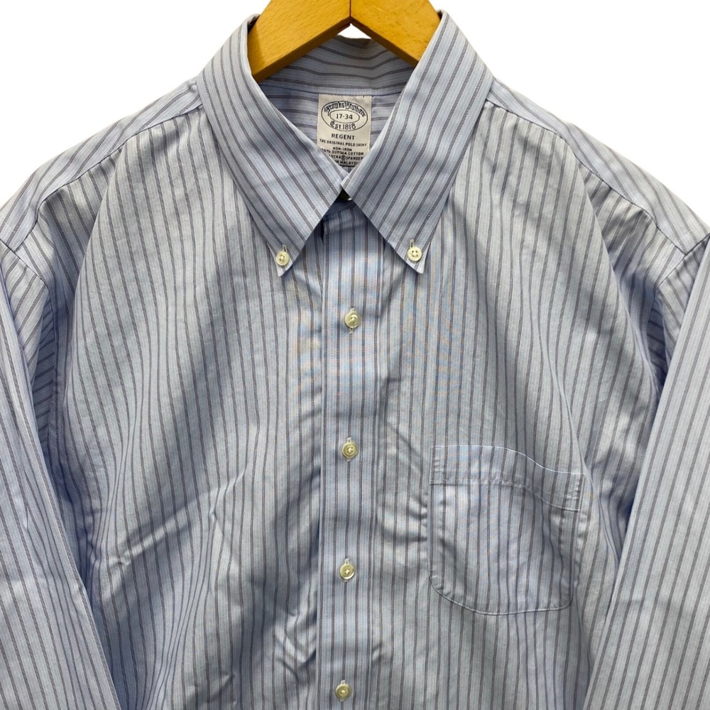 Brooks Brothers Regent Dress Shirt 17-34 Blue Striped Non-Iron Supima Cotton